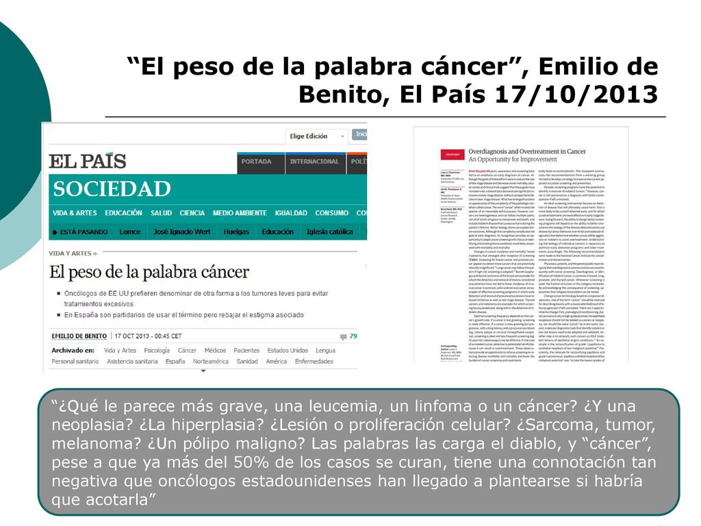 El peso de la palabra cáncer , Emilio de Benito, El País 17/10/2013
