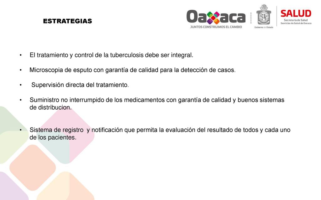 ESTRATEGIAS El tratamiento y control de la tuberculosis debe ser integral. Microscopia de esputo con garantía de calidad para la detección de casos.