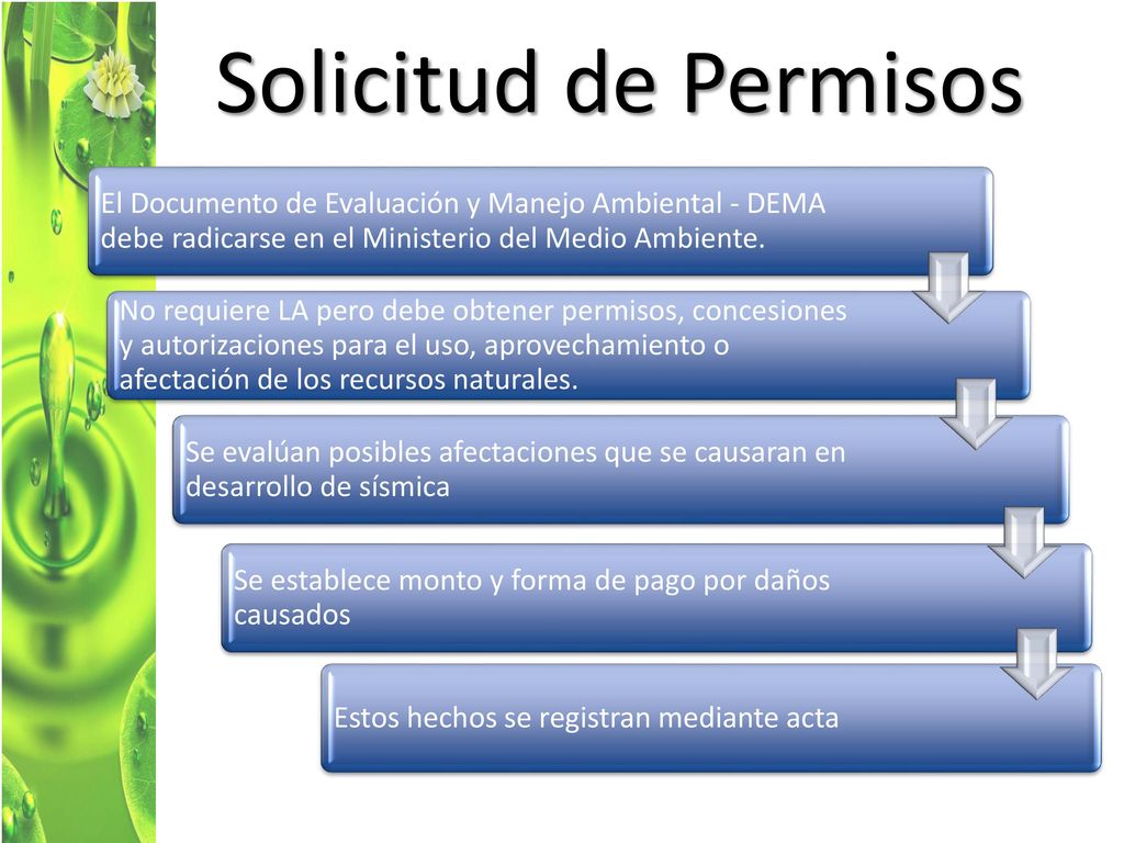 Solicitud de Permisos El Documento de Evaluación y Manejo Ambiental - DEMA debe radicarse en el Ministerio del Medio Ambiente.