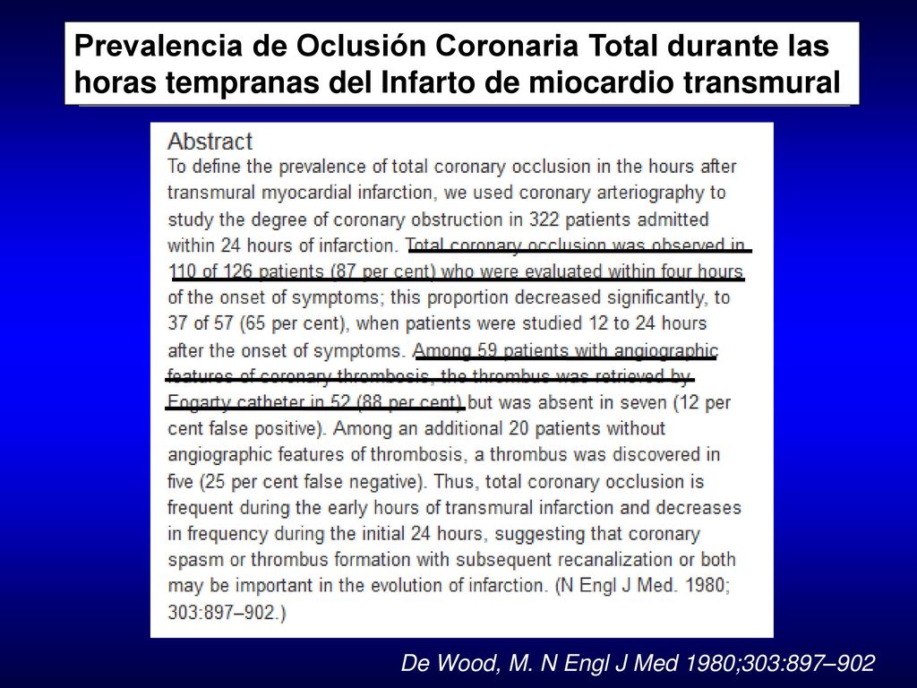 Prevalencia de Oclusión Coronaria Total durante las horas tempranas del Infarto de miocardio transmural