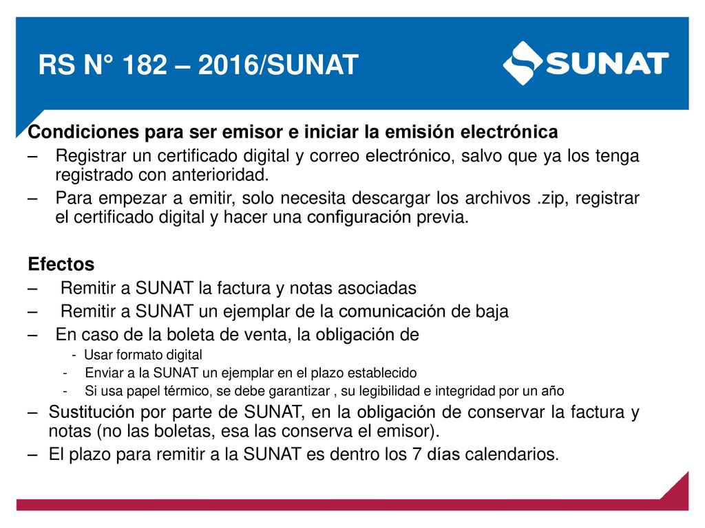 RS N° 182 – 2016/SUNAT Condiciones para ser emisor e iniciar la emisión electrónica.