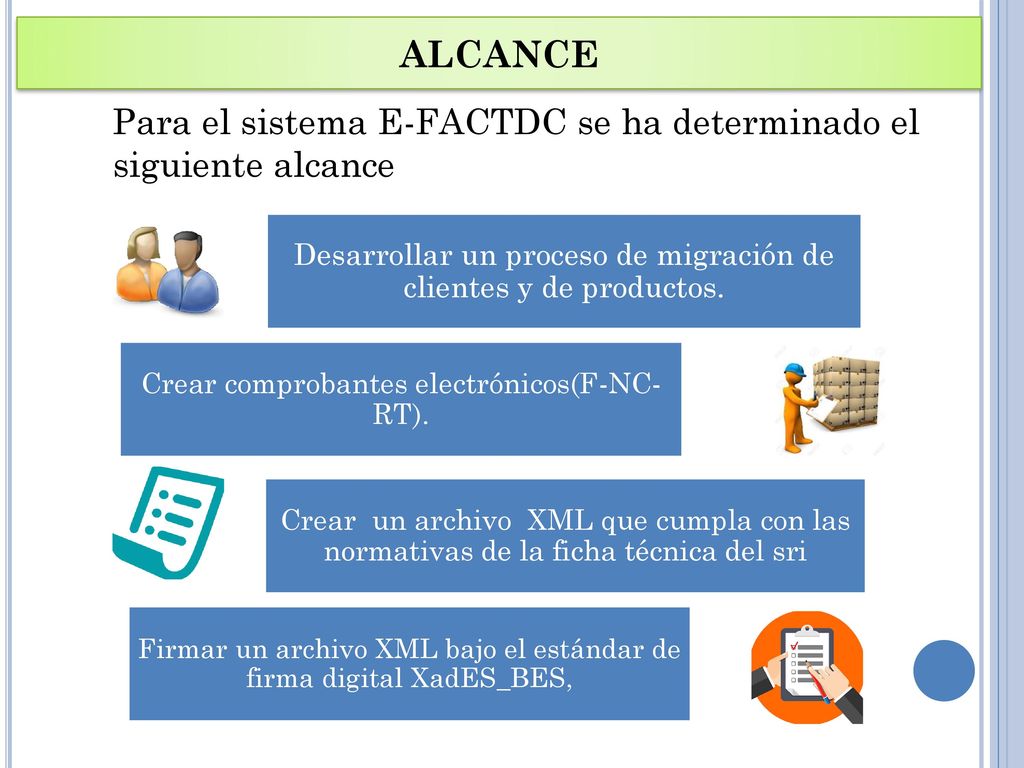 ALCANCE Para el sistema E-FACTDC se ha determinado el siguiente alcance. Desarrollar un proceso de migración de clientes y de productos.