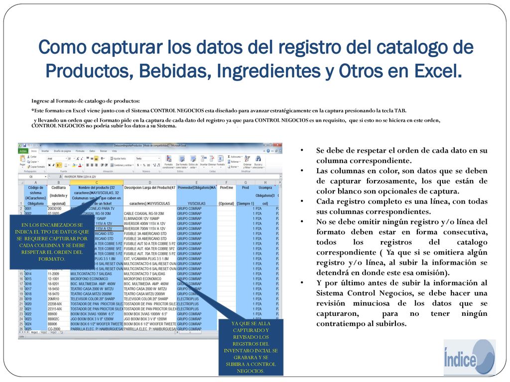 Como capturar los datos del registro del catalogo de Productos, Bebidas, Ingredientes y Otros en Excel.