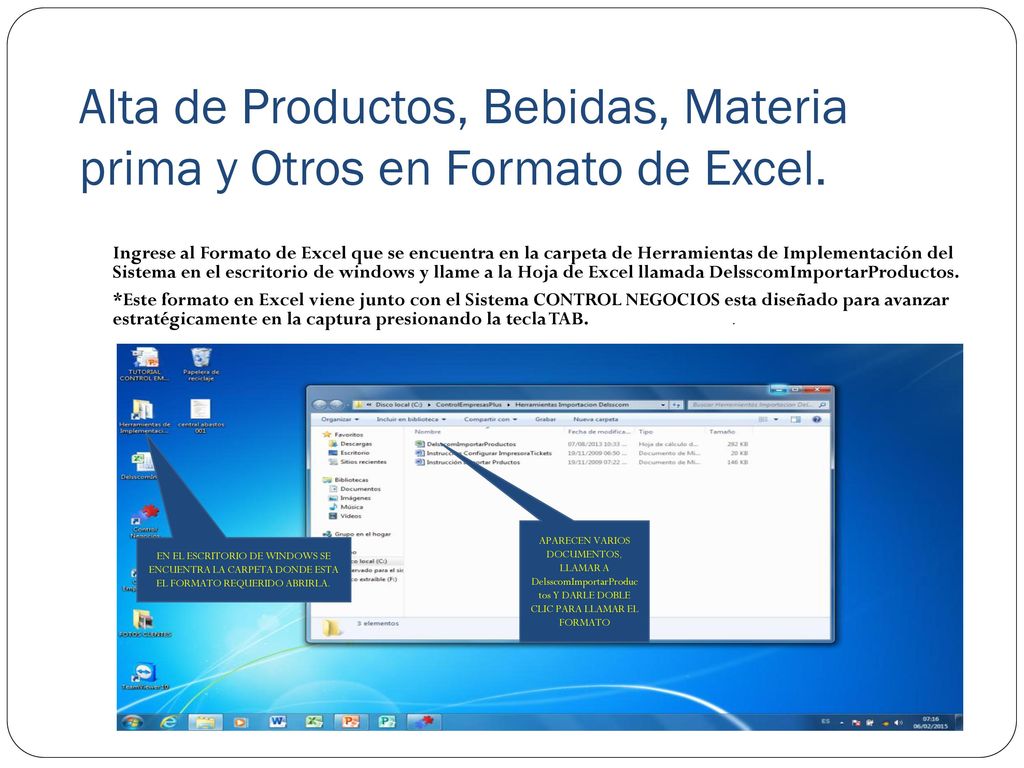 Alta de Productos, Bebidas, Materia prima y Otros en Formato de Excel.
