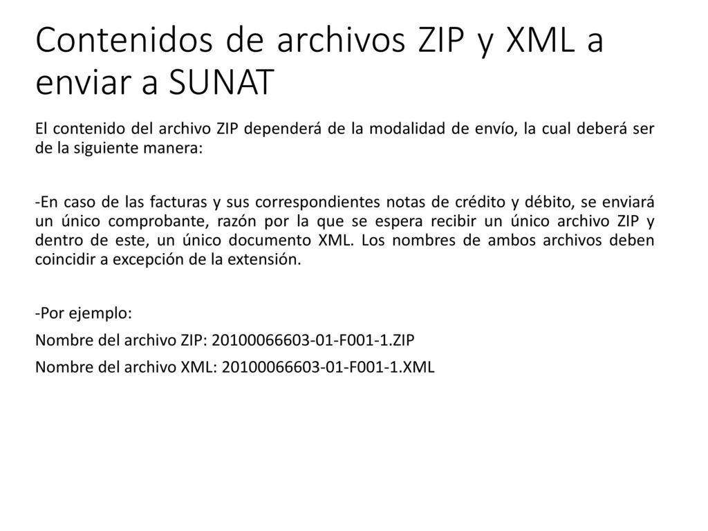 Contenidos de archivos ZIP y XML a enviar a SUNAT