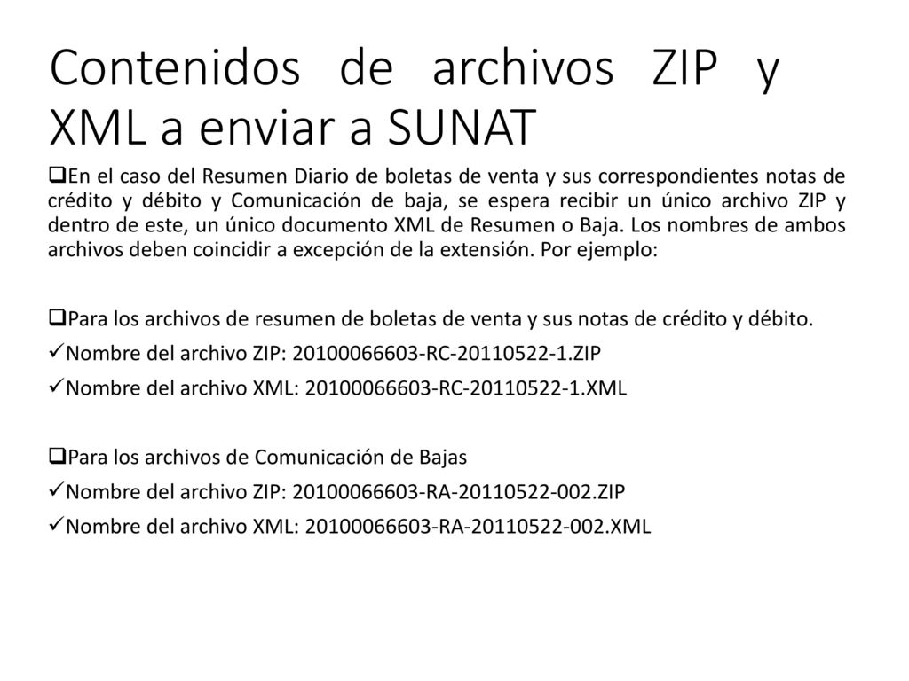 Contenidos de archivos ZIP y XML a enviar a SUNAT