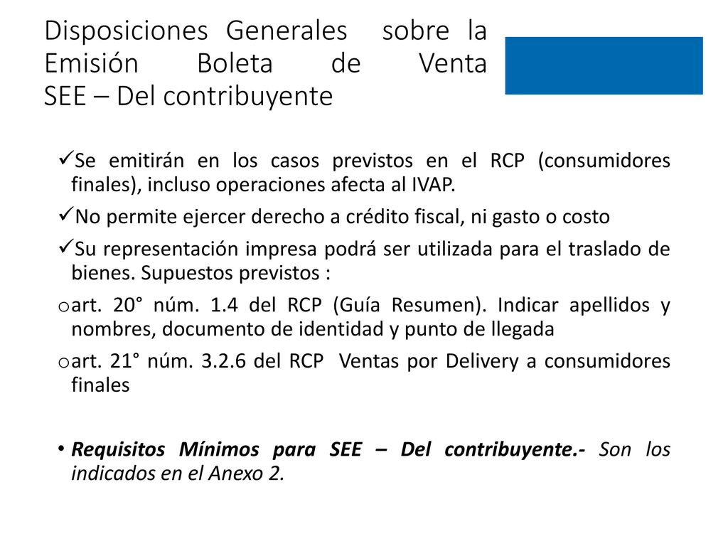 Disposiciones Generales sobre la Emisión Boleta de Venta SEE – Del contribuyente