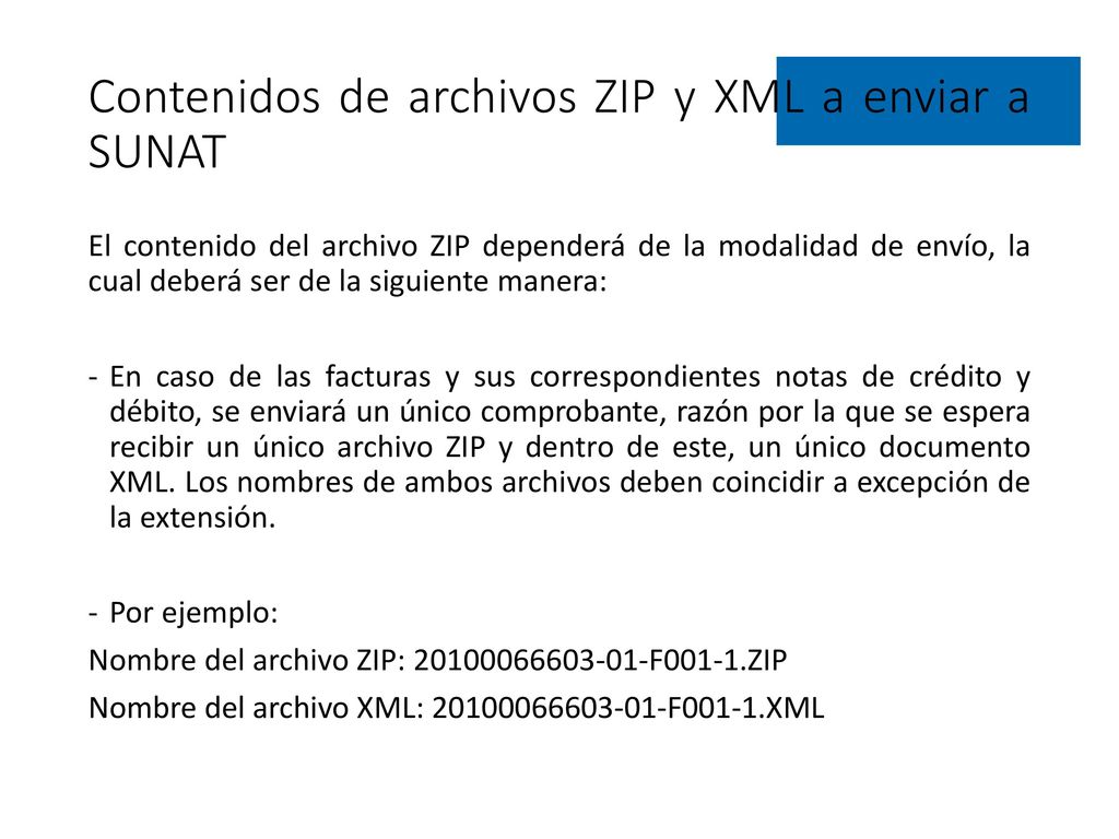 Contenidos de archivos ZIP y XML a enviar a SUNAT