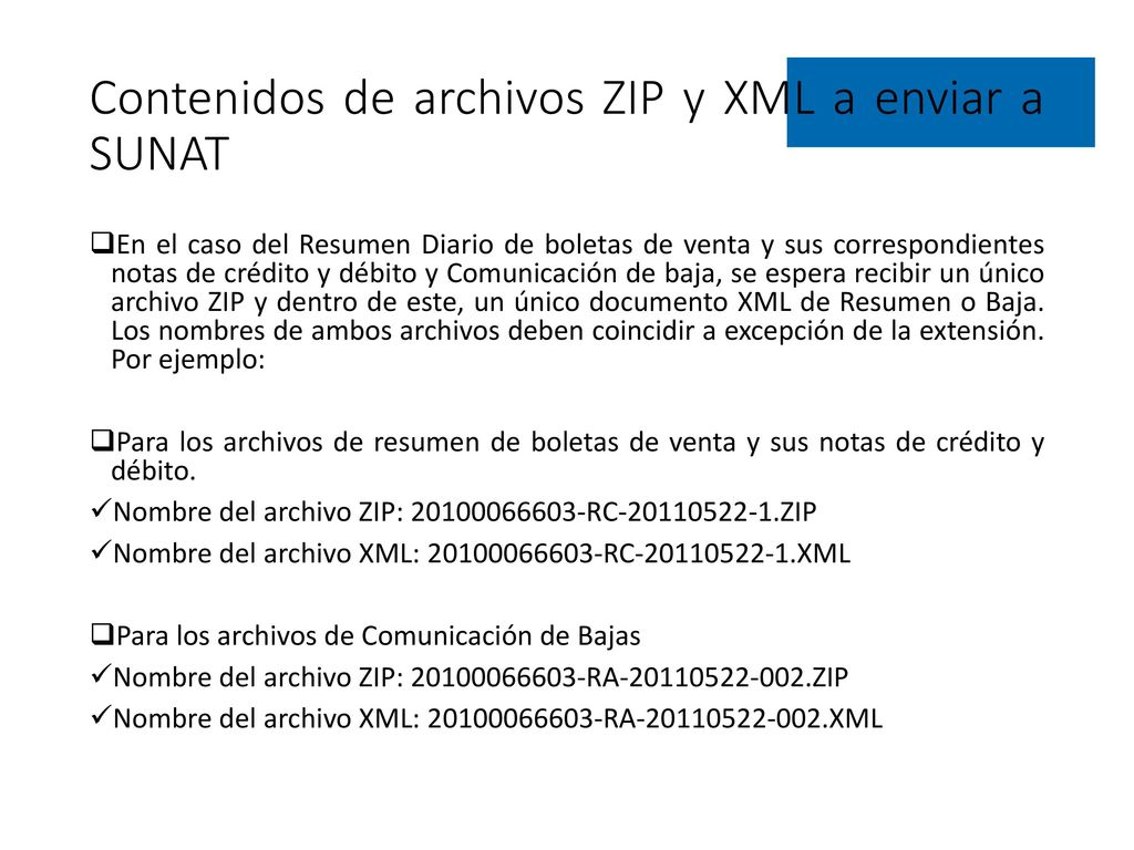 Contenidos de archivos ZIP y XML a enviar a SUNAT