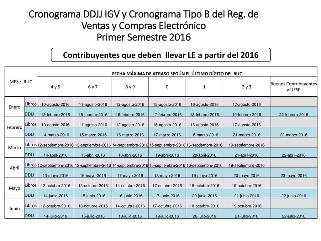Cronograma DDJJ IGV y Cronograma Tipo B del Reg