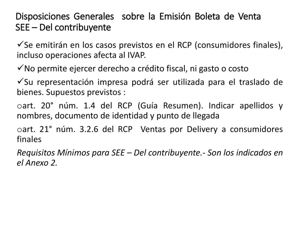 Disposiciones Generales sobre la Emisión Boleta de Venta SEE – Del contribuyente