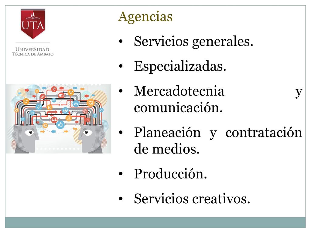 Agencias Servicios generales. Especializadas. Mercadotecnia y comunicación. Planeación y contratación de medios.