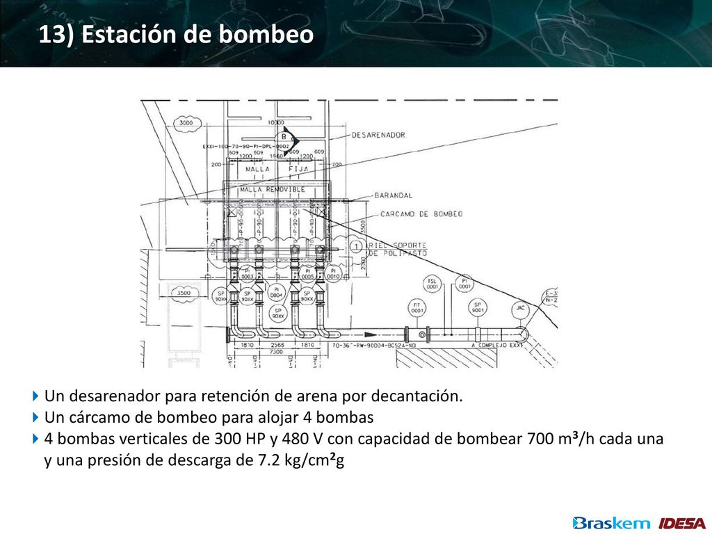 13) Estación de bombeo Un desarenador para retención de arena por decantación. Un cárcamo de bombeo para alojar 4 bombas.