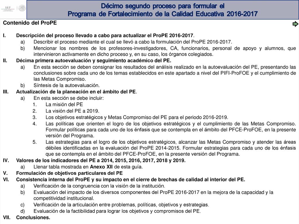 Contenido del ProPE Descripción del proceso llevado a cabo para actualizar el ProPE