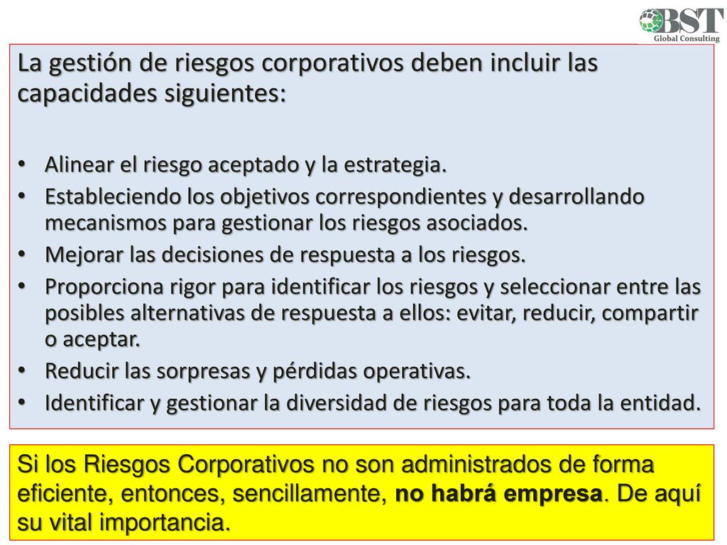 La gestión de riesgos corporativos deben incluir las capacidades siguientes: