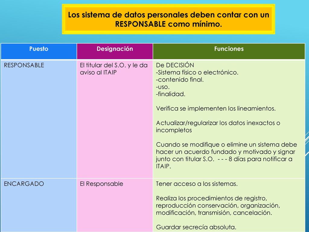 Los sistema de datos personales deben contar con un RESPONSABLE como mínimo.