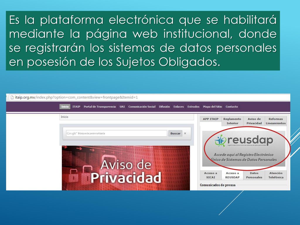 Es la plataforma electrónica que se habilitará mediante la página web institucional, donde se registrarán los sistemas de datos personales en posesión de los Sujetos Obligados.