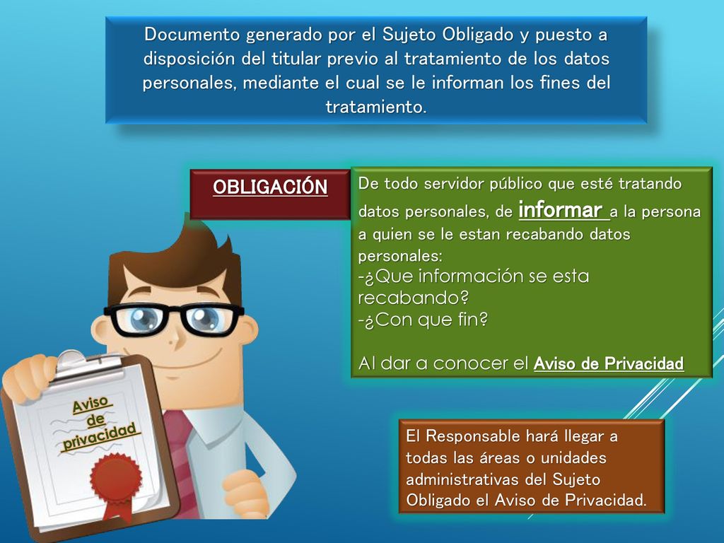Documento generado por el Sujeto Obligado y puesto a disposición del titular previo al tratamiento de los datos personales, mediante el cual se le informan los fines del tratamiento.