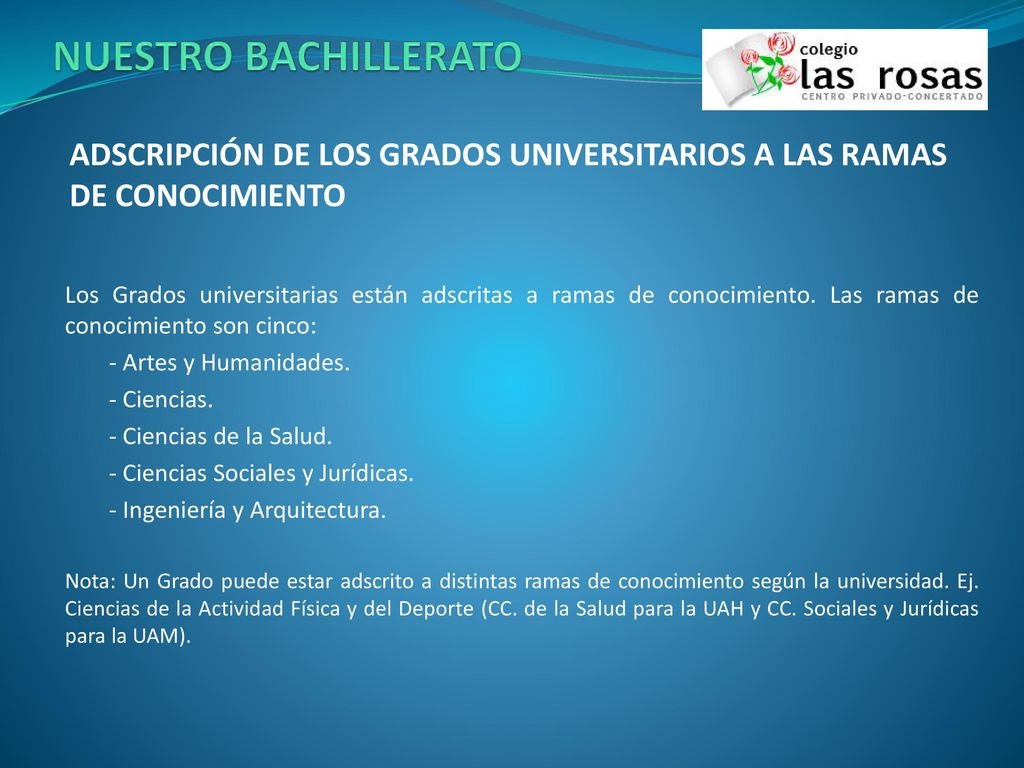 NUESTRO BACHILLERATO ADSCRIPCIÓN DE LOS GRADOS UNIVERSITARIOS A LAS RAMAS DE CONOCIMIENTO.