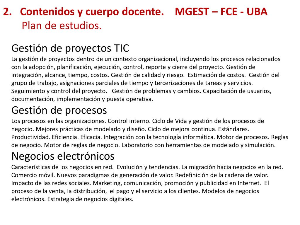 2. Contenidos y cuerpo docente. MGEST – FCE - UBA