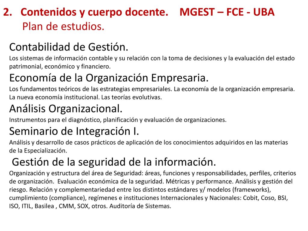 2. Contenidos y cuerpo docente. MGEST – FCE - UBA