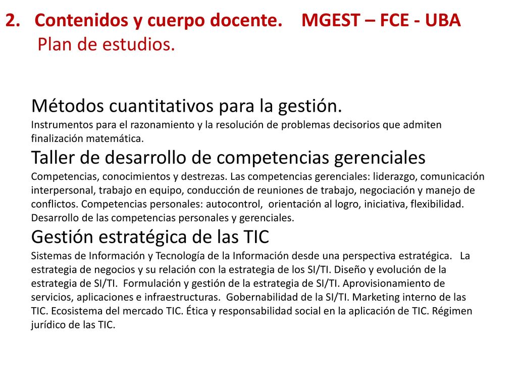 2. Contenidos y cuerpo docente. MGEST – FCE - UBA