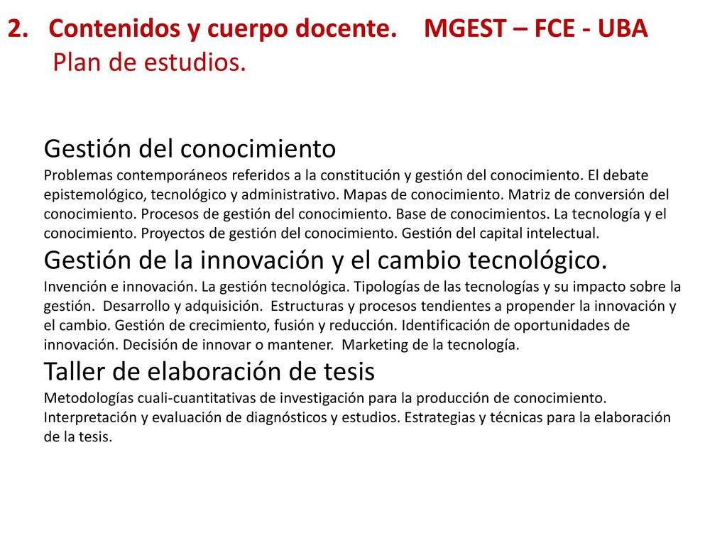 2. Contenidos y cuerpo docente. MGEST – FCE - UBA