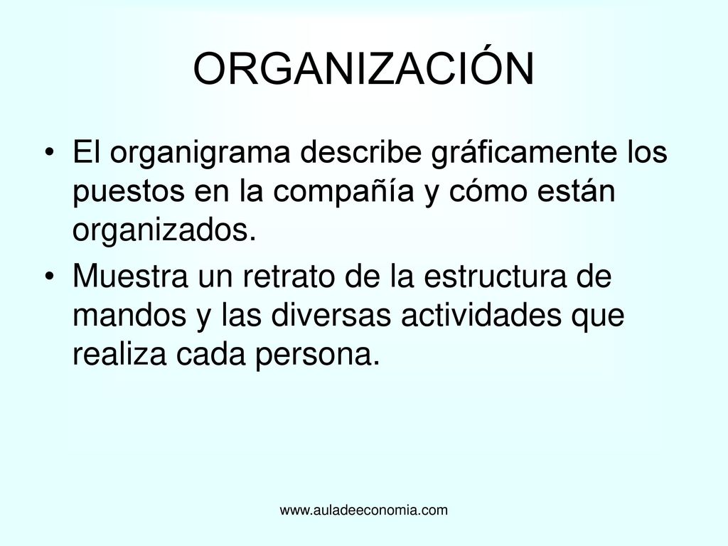 ORGANIZACIÓN El organigrama describe gráficamente los puestos en la compañía y cómo están organizados.