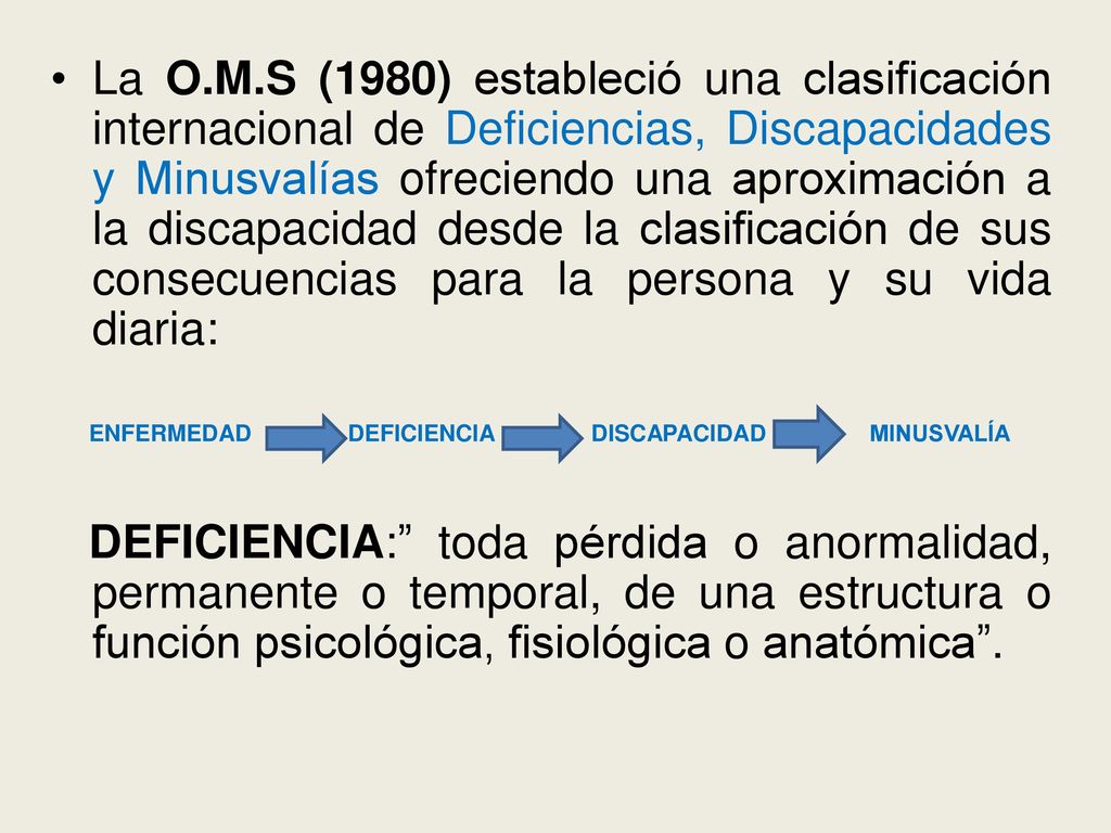 La O.M.S (1980) estableció una clasificación internacional de Deficiencias, Discapacidades y Minusvalías ofreciendo una aproximación a la discapacidad desde la clasificación de sus consecuencias para la persona y su vida diaria: