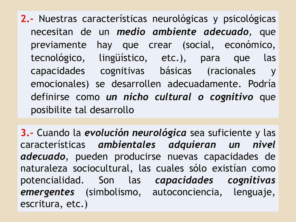 2.- Nuestras características neurológicas y psicológicas necesitan de un medio ambiente adecuado, que previamente hay que crear (social, económico, tecnológico, lingüístico, etc.), para que las capacidades cognitivas básicas (racionales y emocionales) se desarrollen adecuadamente. Podría definirse como un nicho cultural o cognitivo que posibilite tal desarrollo