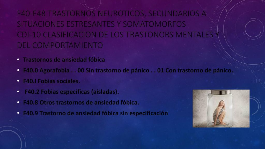 F40-f48 TRASTORNOS NEUROTICOS, SECUNDARIOS A SITUACIONES ESTRESANTES Y SOMATOMORFOS CDI-10 CLASIFICACION DE LOS TRASTONORS MENTALES Y DEL COMPORTAMIENTO