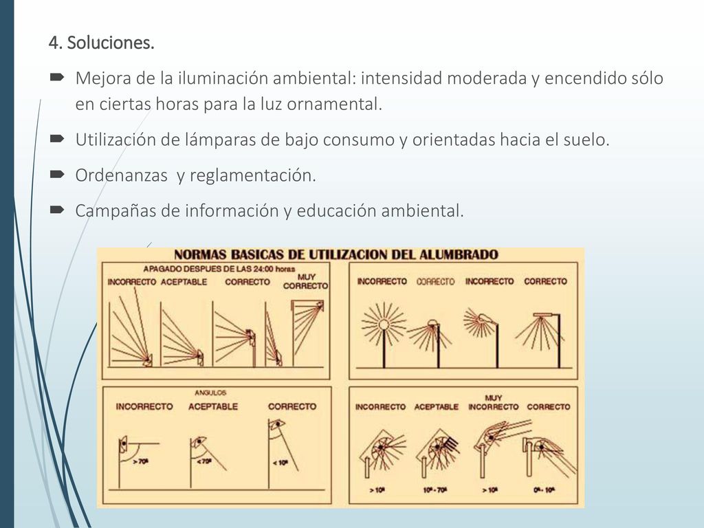 4. Soluciones. Mejora de la iluminación ambiental: intensidad moderada y encendido sólo en ciertas horas para la luz ornamental.