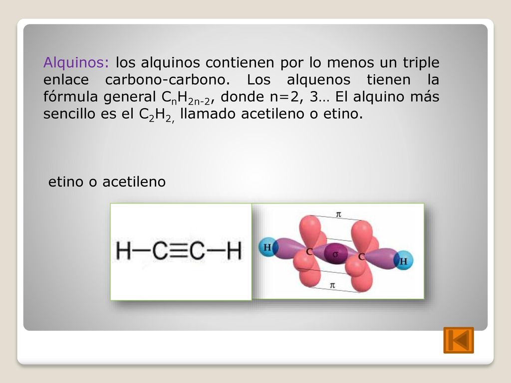 Alquinos: los alquinos contienen por lo menos un triple enlace carbono-carbono. Los alquenos tienen la fórmula general CnH2n-2, donde n=2, 3… El alquino más sencillo es el C2H2, llamado acetileno o etino.