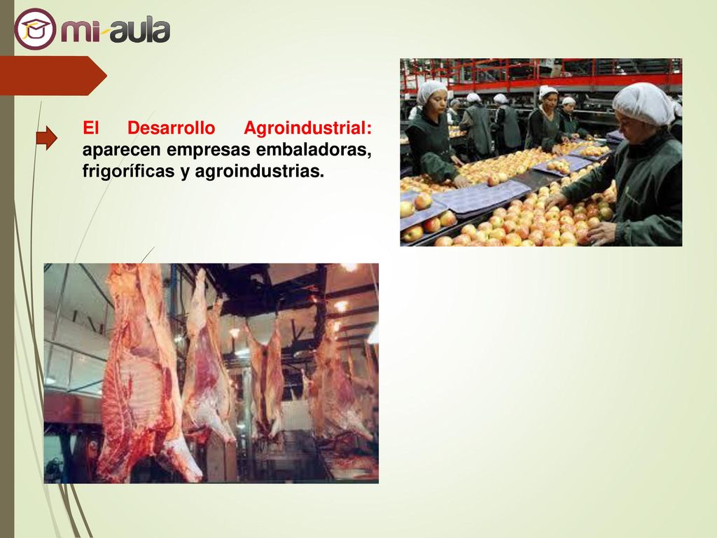 El Desarrollo Agroindustrial: aparecen empresas embaladoras, frigoríficas y agroindustrias.
