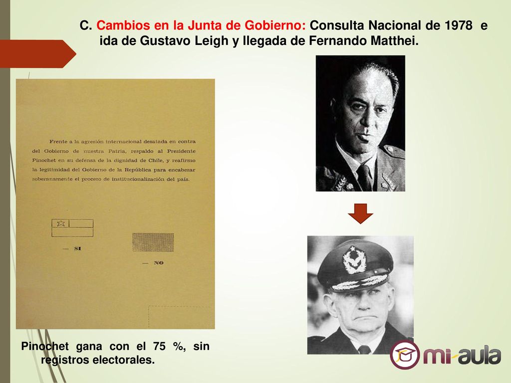 C. Cambios en la Junta de Gobierno: Consulta Nacional de 1978 e ida de Gustavo Leigh y llegada de Fernando Matthei.