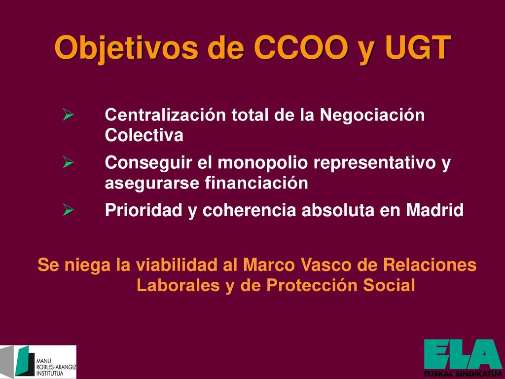 Objetivos de CCOO y UGT Centralización total de la Negociación Colectiva. Conseguir el monopolio representativo y asegurarse financiación.