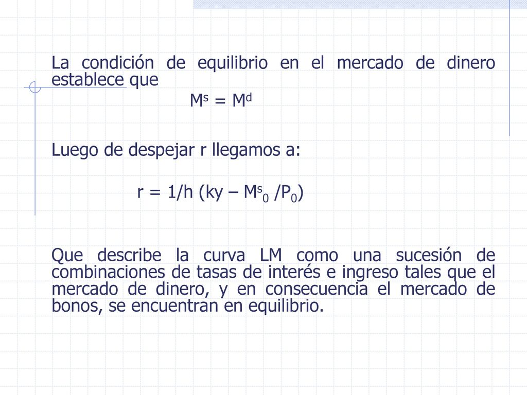 La condición de equilibrio en el mercado de dinero establece que