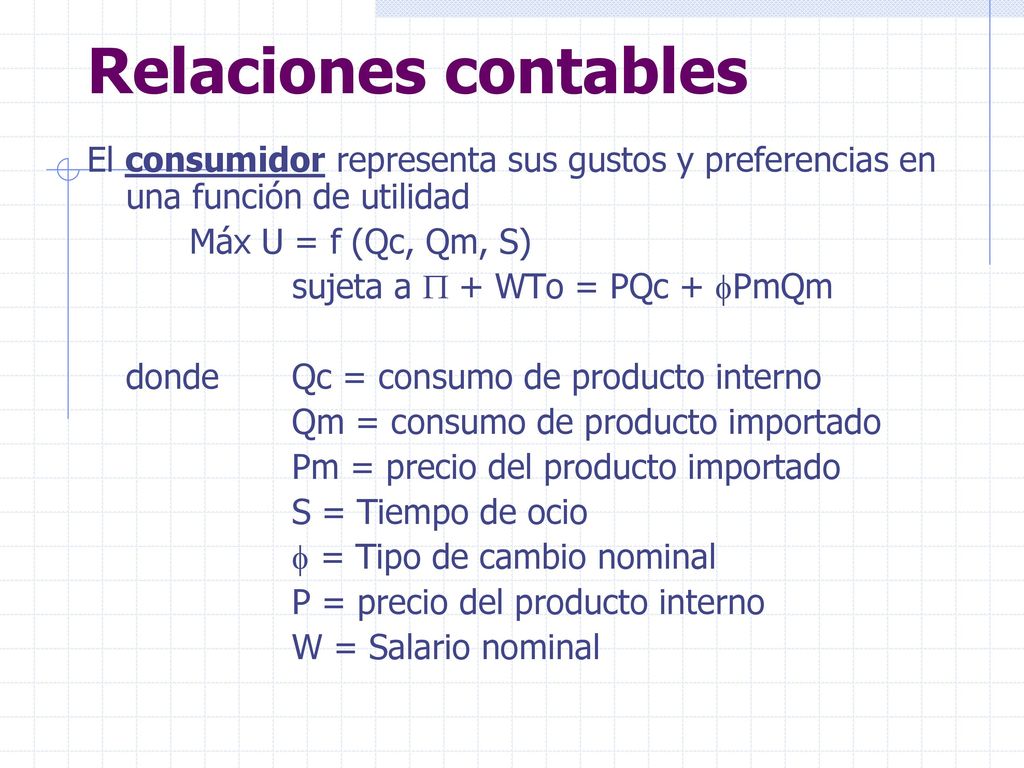 Relaciones contables El consumidor representa sus gustos y preferencias en una función de utilidad.