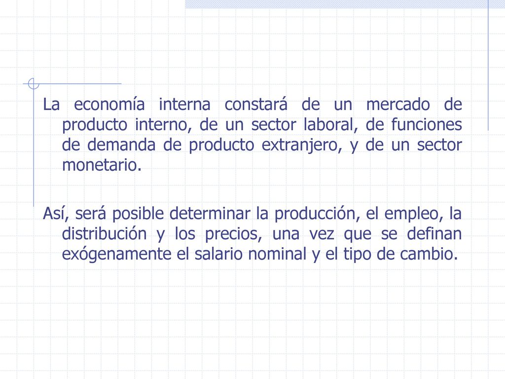 La economía interna constará de un mercado de producto interno, de un sector laboral, de funciones de demanda de producto extranjero, y de un sector monetario.