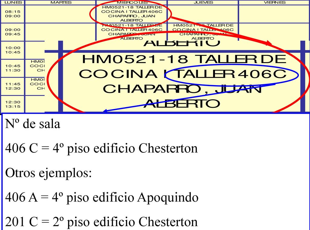 Nº de sala 406 C = 4º piso edificio Chesterton. Otros ejemplos: 406 A = 4º piso edificio Apoquindo.