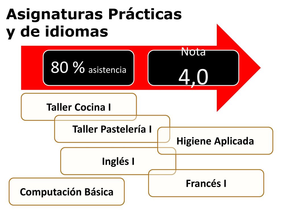 4,0 80 % asistencia Asignaturas Prácticas y de idiomas Nota