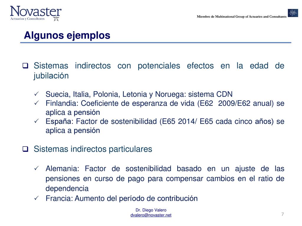 Algunos ejemplos Sistemas indirectos con potenciales efectos en la edad de jubilación. Suecia, Italia, Polonia, Letonia y Noruega: sistema CDN.