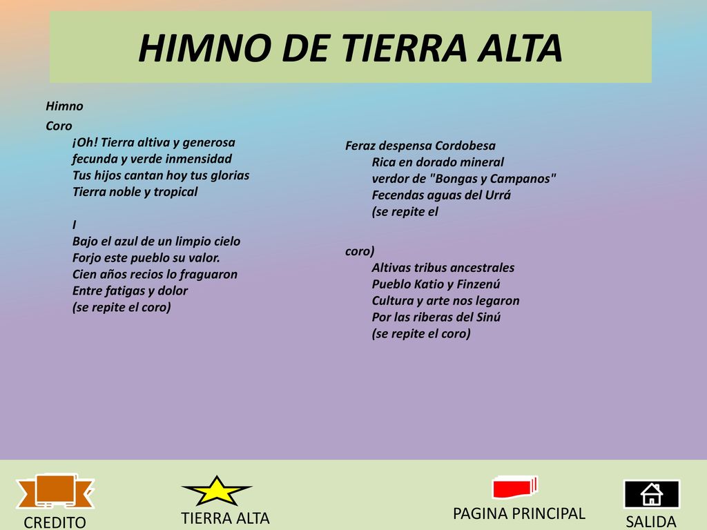 HIMNO DE TIERRA ALTA PAGINA PRINCIPAL TIERRA ALTA CREDITO SALIDA