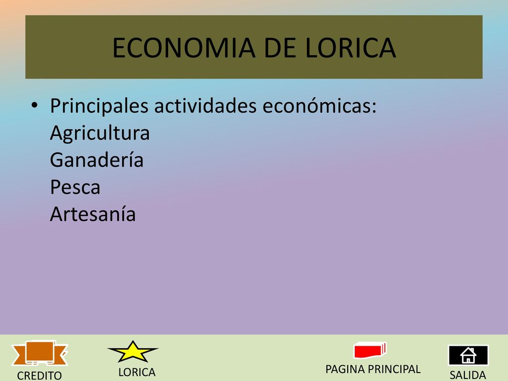 ECONOMIA DE LORICA Principales actividades económicas: Agricultura Ganadería Pesca Artesanía. LORICA.