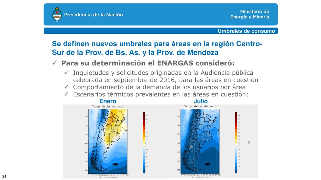 Umbrales de consumo Se definen nuevos umbrales para áreas en la región Centro- Sur de la Prov. de Bs. As. y la Prov. de Mendoza.