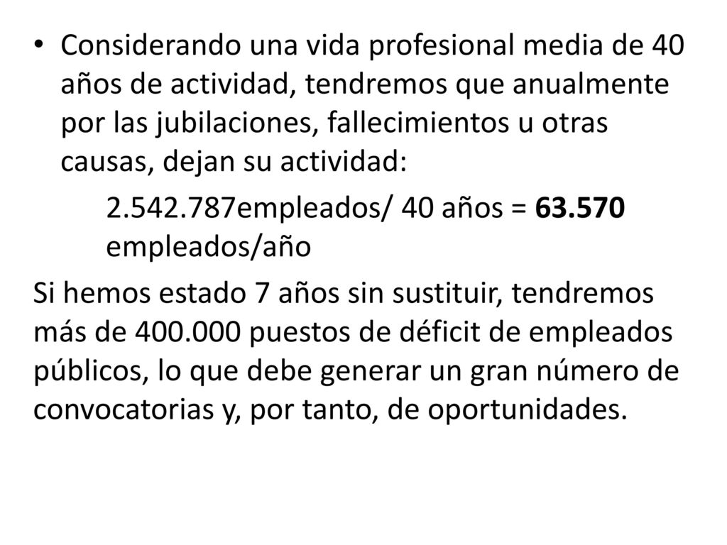 Considerando una vida profesional media de 40 años de actividad, tendremos que anualmente por las jubilaciones, fallecimientos u otras causas, dejan su actividad: