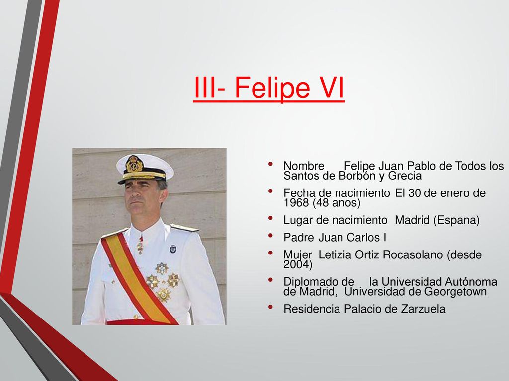 III- Felipe VI Nombre Felipe Juan Pablo de Todos los Santos de Borbón y Grecia. Fecha de nacimiento El 30 de enero de 1968 (48 anos)