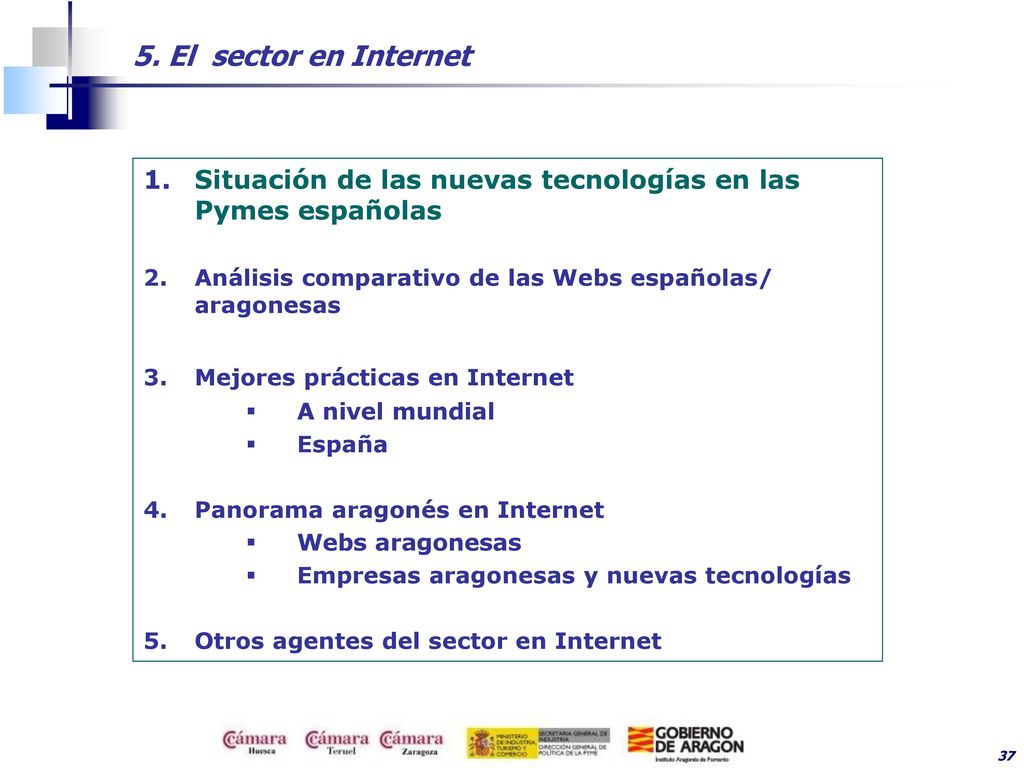 5. El sector en Internet Situación de las nuevas tecnologías en las Pymes españolas. Análisis comparativo de las Webs españolas/ aragonesas.