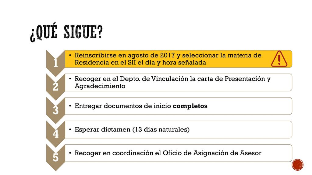 ¿Qué sigue 1. Reinscribirse en agosto de 2017 y seleccionar la materia de Residencia en el SII el día y hora señalada.