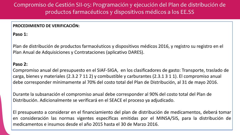 Compromiso de Gestión SII-05: Programación y ejecución del Plan de distribución de productos farmacéuticos y dispositivos médicos a los EE.SS